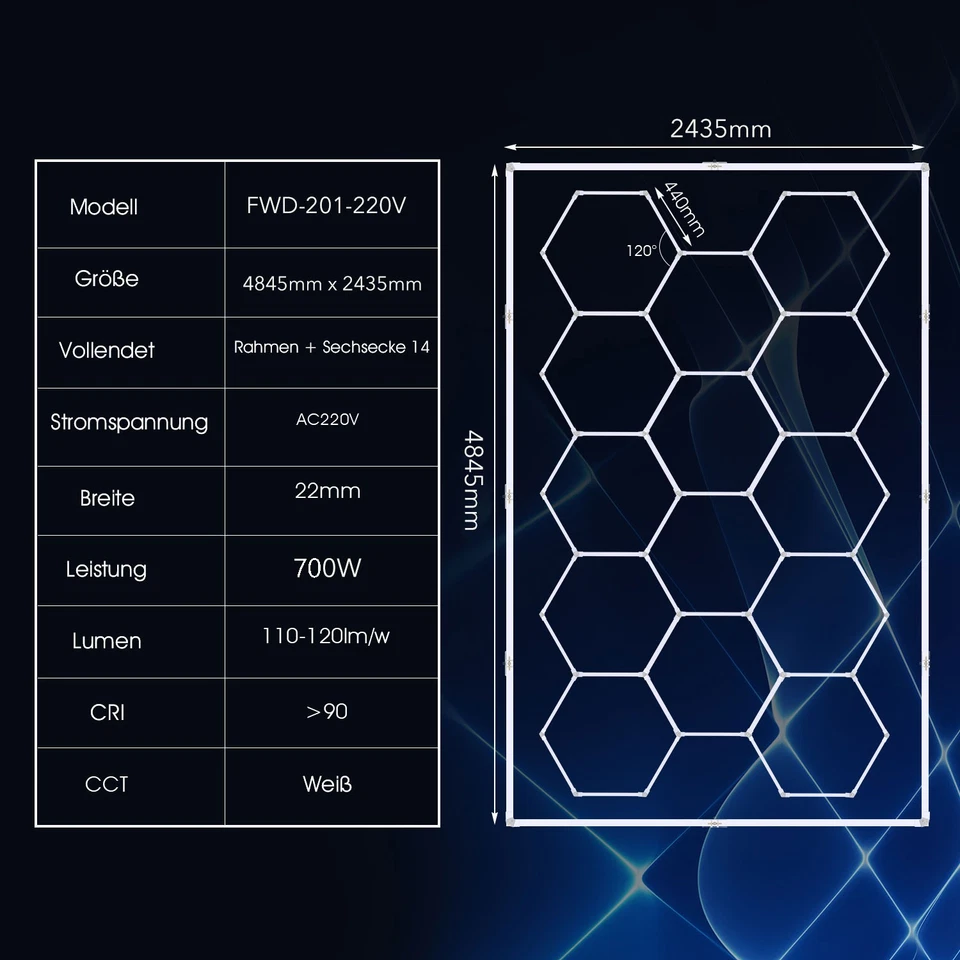 14x Hexagon Waben LED Licht mit Rahmen Superhelle KaltWeiß LED Garage Werkstatt - Bild 4 von 4