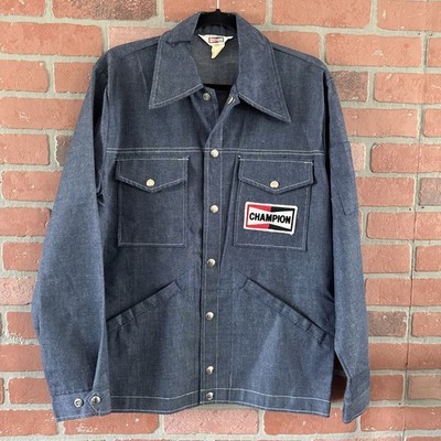 Vintage Chore Coat Denim Racing Jacket Champion Spark plug Mechanic Mens Medium