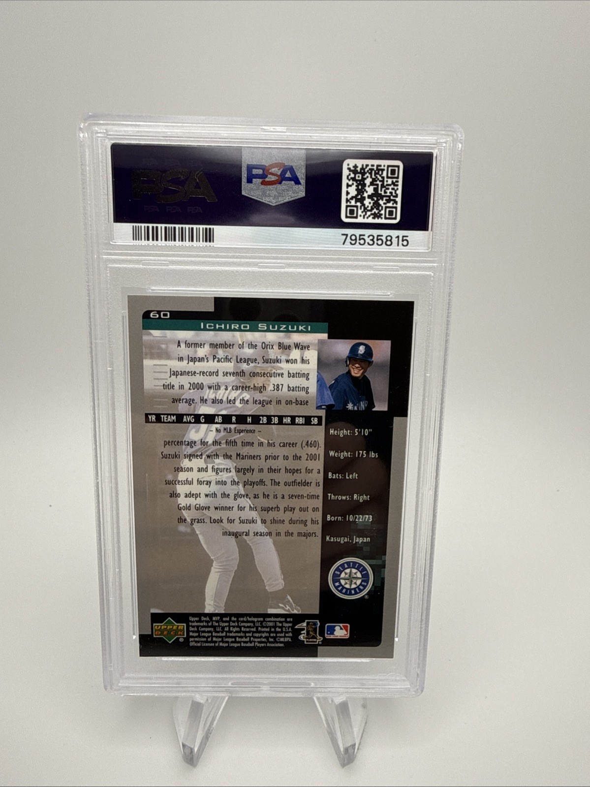 2001 Upper Deck MVP Ichiro Suzuki #60 - Rookie - RC - PSA 9 - MINT view 2