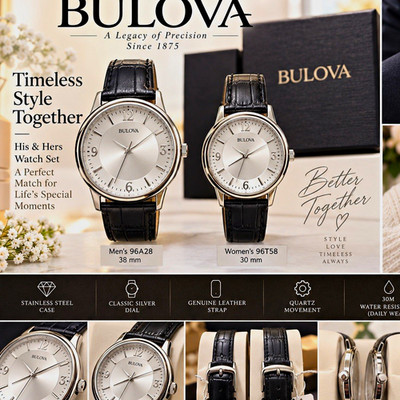 Bulova His & Hers Watch Set 96A28/96T58 Quartz 30m Silver Dial Black Leather
