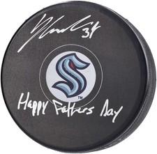 Yanni Gourde Seattle Kraken Signed Hockey Puck w/Happy Father's Day! Insc