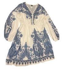 Shein Curve Paisley V-Neck Mini Dress Blue White Boho Long Sleeve 0XL XL