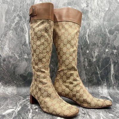 GUCCI GG Canvas Long Boots 35.5 22.5cm Brown Leather Elegant Design