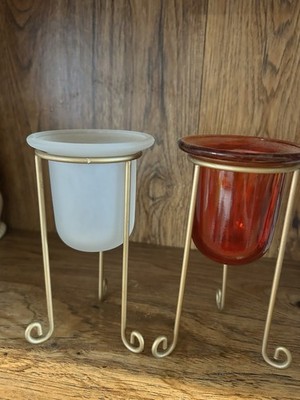 Alyssa Set of 2 Glass Votive Holders Goldtone Stands 1 Red 1 White Frosted 6.5 