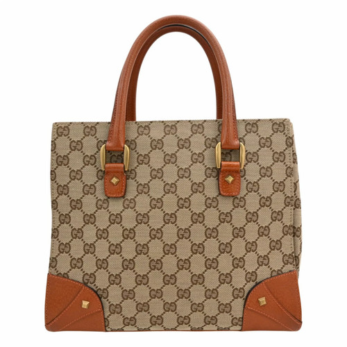 Gucci GG Canvas Handbag, Logo, Studs, Gold, Camel, A Rank gu8930he
