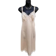 VTG 1960s Vassarette Satiny Full Slip Dress Lace Trim Tan Women’s 40F Classic