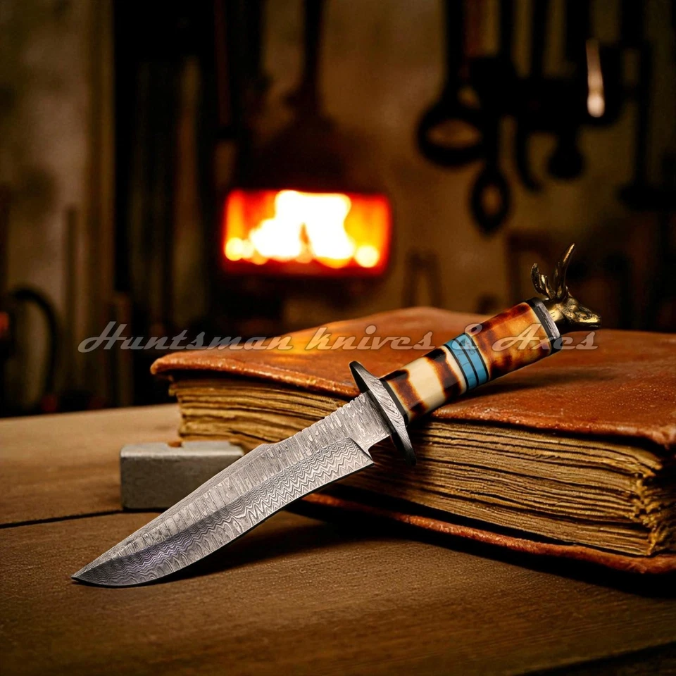 Forja manual feita sob medida aço damasco bronze veado BOWIE com cabo turquesa e osso - Imagem 3 de 4