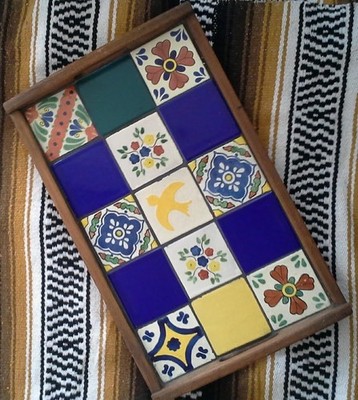 Vintage Wood Mexican Talavera Tiled Breakfast Serving Tray