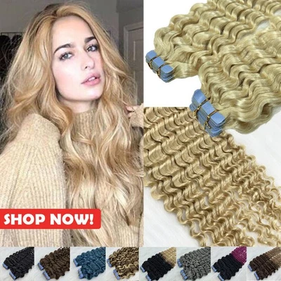 MARKENLOS Gelockt Tape In Hair Extensions Haarverlängerung Skin Weft Echthaar Ombre 45cm