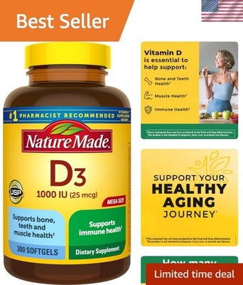 Vitamin D3 1000 IU 300 Softgels - Bone & Immune Support, 300-Day Supply
