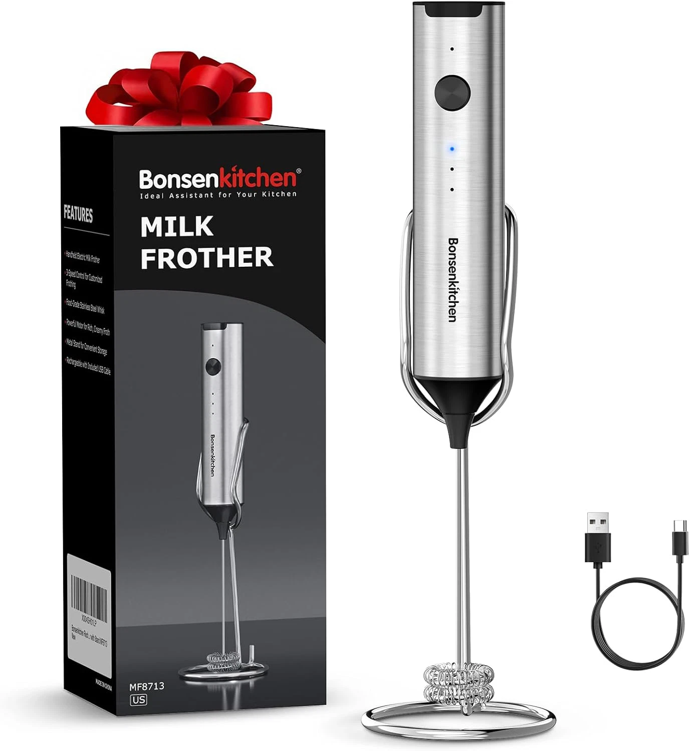 Bonsenkitchen Rechargeable Milk Frother with Stand, 3-Speed Handheld Coffee Frot