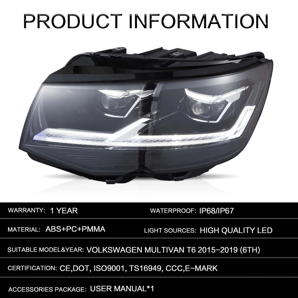 Paar VLAND Voll-LED-Scheinwerfer für 2015-19 VW Multivan T6 mit Gelb Blinker - Bild 4 von 4
