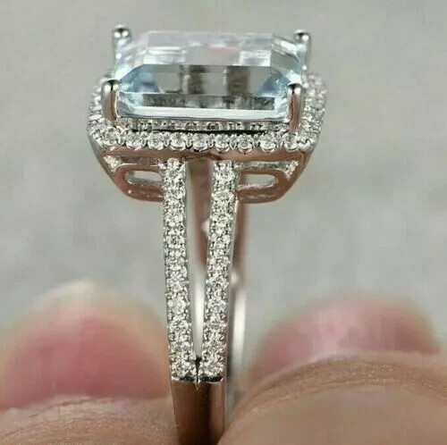 6 kt Smaragdschliff Laborgefertigter Aquamarin und CZ Halo Ring mit geteiltem Schaft 925 Silber - Bild 3 von 8