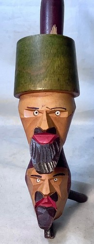 Vintage MCM Hand Carved Wooden Smoking Pipe 2 Carved Faces Hat Shaped Bowl - Picture 7 of 7
