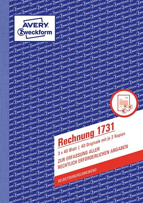 AVERY Zweckform 1731 Rechnung (A5, 3x40 Blatt, selbstdurchschreibend mit farbige