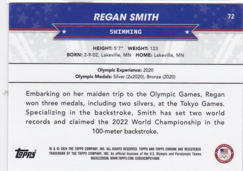 2024 Topps Chrome US Olympic/Paralympic Green Refractors #72 REGAN SMITH #59/99 - Picture 2 of 2