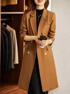 Cappotto Donna Trench Giacca Lungo Marrone Slim Fit Con Bottoni