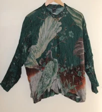 Citron Santa Monica -Sz M L Funky Linen Art-to-Wear Asian Crinkle Crane Jacket 