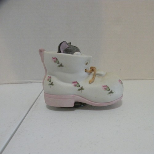 Caja de música giratoria vintage Mann cerámica zapato gatito rosebuds Japón 1982 - Imagen 2 de 16