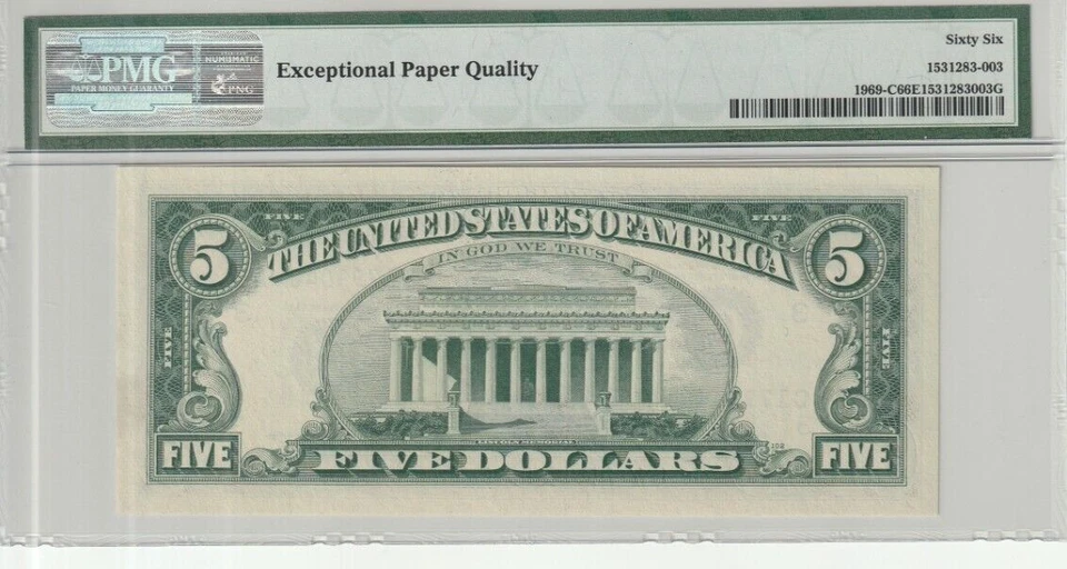 1969 $5 FRN Philadelphia Gem Fr. 1969-C Graded by PMG 66 Gem Uncirculated EPQ - Image 2 of 2
