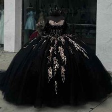 Elegant Black Off The Shoulder Quinceanera Dress Ball Gown Bead Applique Sequin