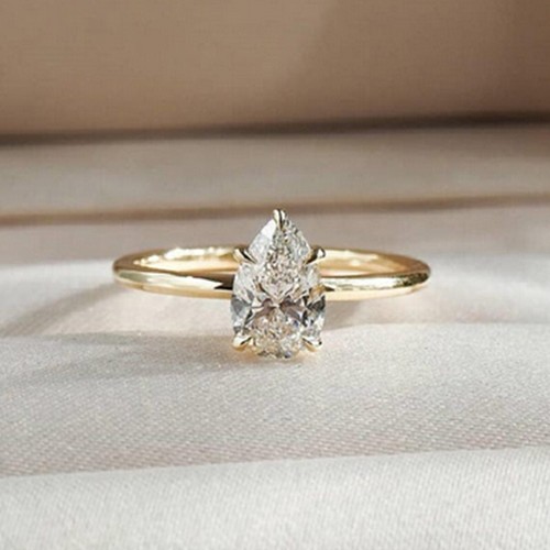 14K Yellow Gold Finish Solitaire 2 Ct Pear Cut Diamond Engagement Wedding Ring - Picture 2 of 9