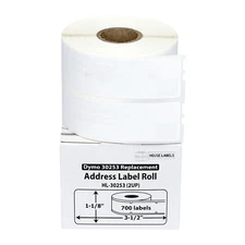 DYMO LW 30253 2UP Direct Thermal Labels (1-1/8” x 3-1/2") - (50) Rolls of 700