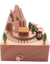 Wooden Music Box Featuring Mountain With Small Moving Magnetic Train