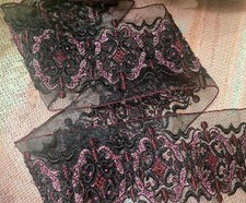  Embroidered Trim Sheer Glass Beads Black Burgundy Rose 2 3/4" Ribbon 1yd
