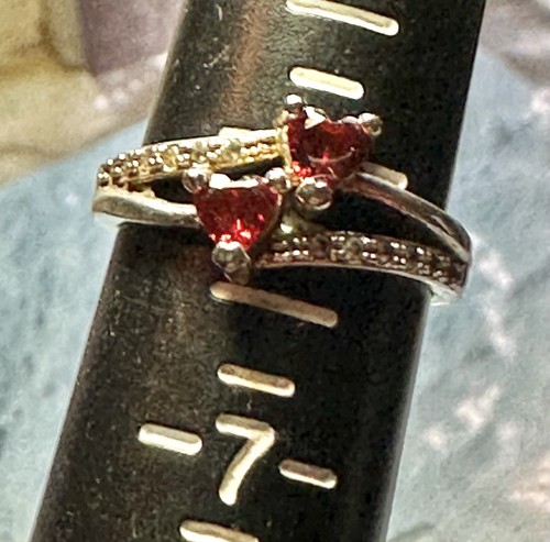 Vintage Sterling Silver & Red Rhinestone Heart Ring, S925, size 6 - Picture 2 of 12