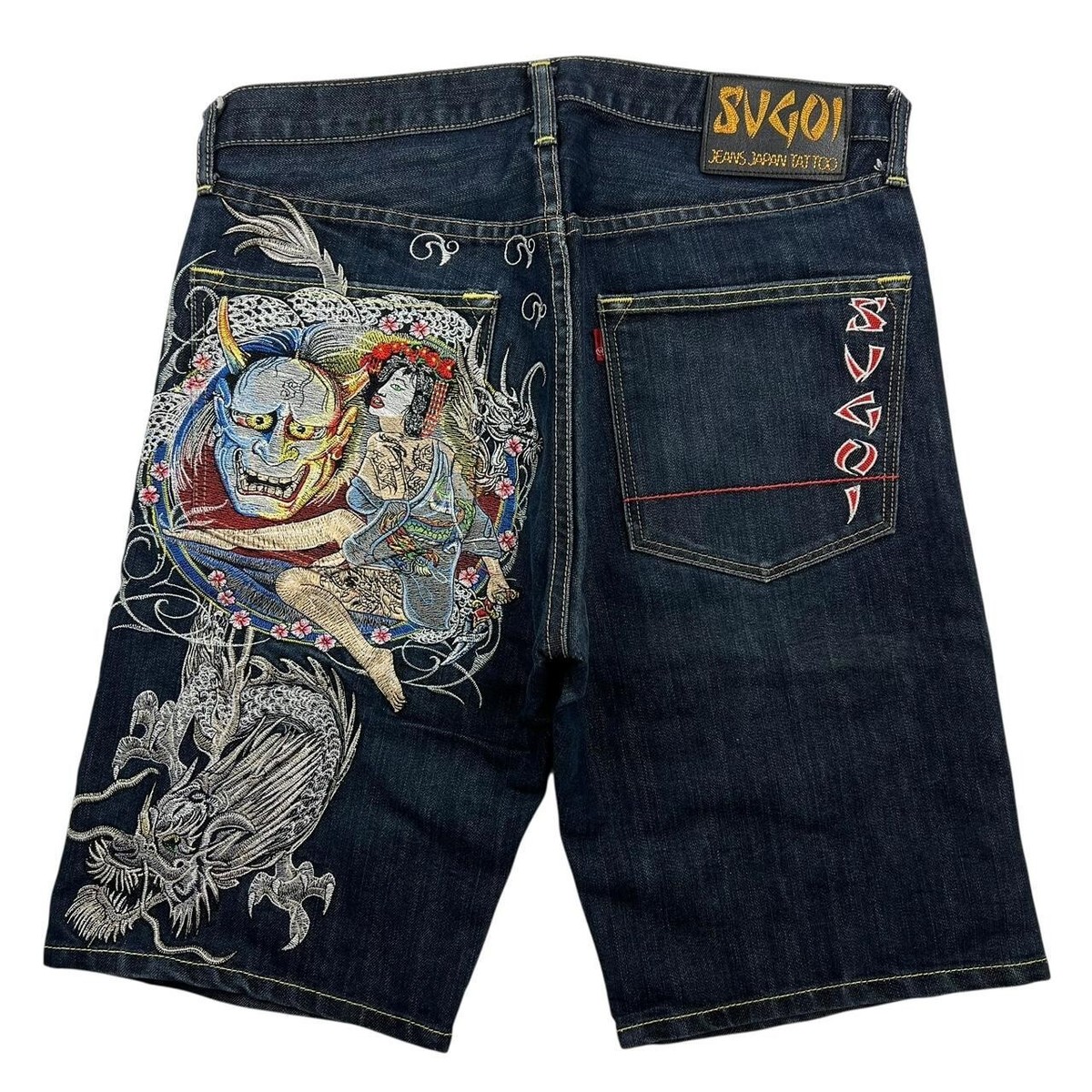 Sugoi Embroidered Dragon Japanese Denim Shorts / Jorts - Waist: 33