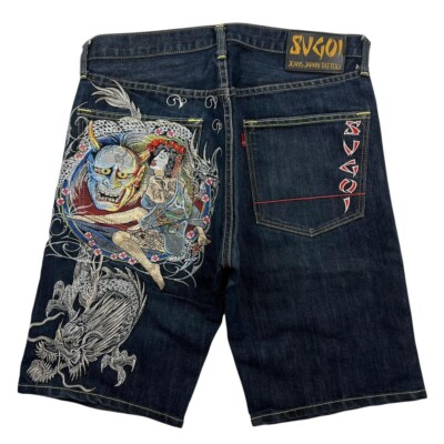 sugoi jeans 龍 刺繍 dragon 和　japan 刺青 30 Sugoi Embroidered Dragon Japanese Denim Shorts / Jorts - Waist: 33