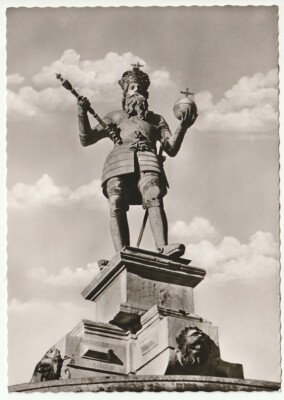 Vintage Unposted Aachen, Germany PC Kaiser Karl Brunnen statue, Charlemagne