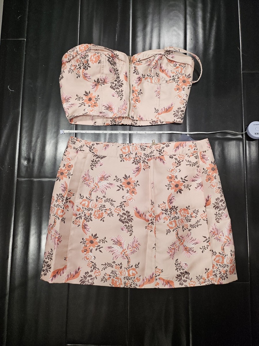Forever 21 embroidered pink floral crop top and skirt set