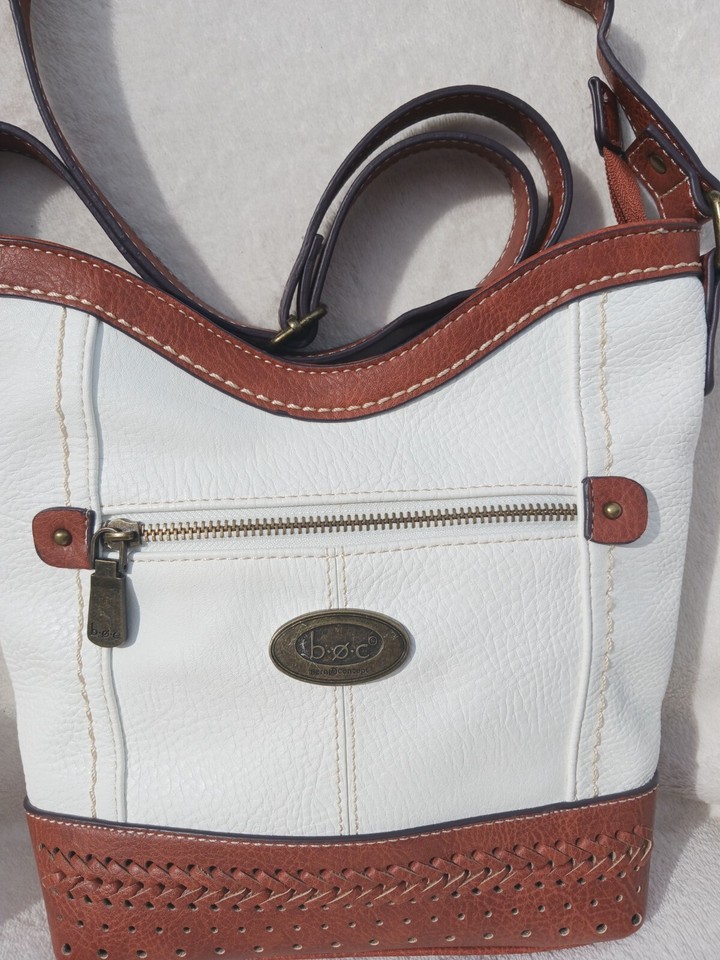 Boc born white purse handbag crossbody pebbled leather brown trim 4 ...