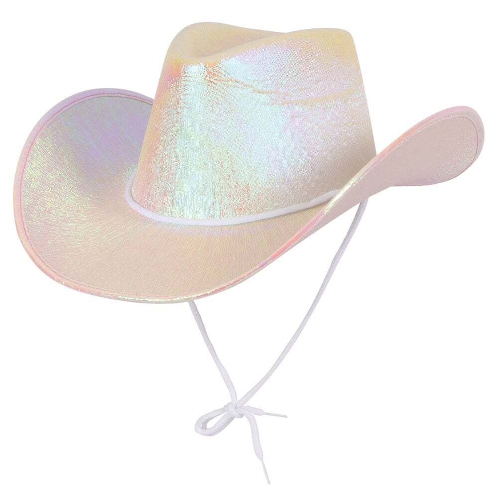 White Iridescent Texan Cowgirl Hat Adult Hen Party Cowboy Wild West Fancy Dress