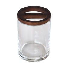 Glass Toothbrush Holder with Acacia Wood Base and Modern Design