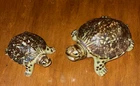 2 VINTAGE BRUSH MCCOY GREEN/BROWN ART POTTERY TURTLES: 7" AND 5" EXC. CONDITION