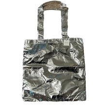 Tory Burch Sublime Nylon Lined Tote Travel Bag - Metallic Silver Foil NEW 14