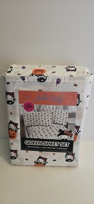 Sanrio Hello Kitty 100% Cotton Candy Kitty Halloween White Queen Bed Sheet Set 