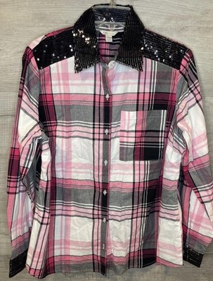 Cato Women's Shirt Size 14/16 Black Sequence Pink/Black Plaid Long Sleeve