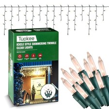 Christmas Green Wire Icicle Lights Clear Bulb -12 of 100 Bulbs Twinkle - 5.5 Ft