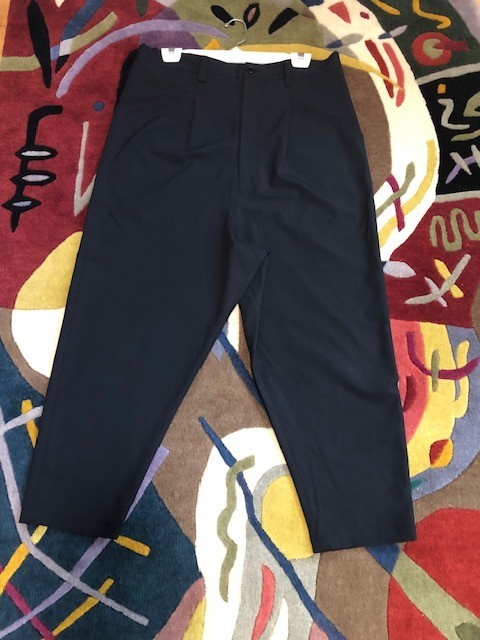 Moyuru cropped black pants, paper bag waist, tapered legs,  low crotch
