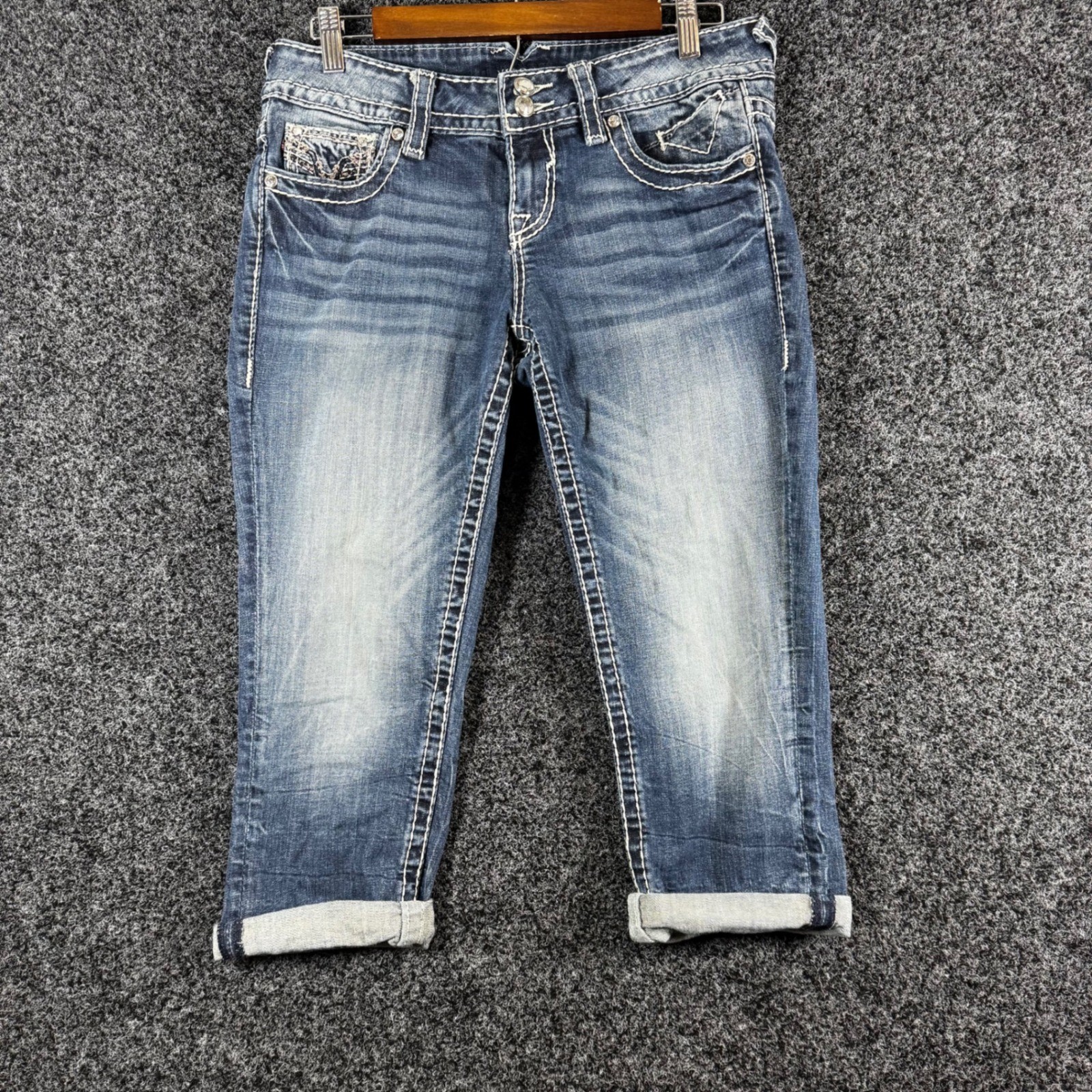 Vigoss The Chelsea Capri Jeans Womens 5/6 Medium Wash Rhinestone Embroidered Y2K