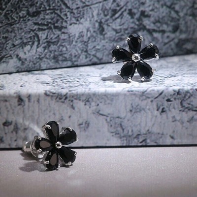 2.32 Ct Pear Simulated Black Diamond Flower Stud Earrings 14k White Gold Plated