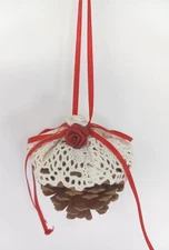 Pine Cone Crochet Ornament Christmas Red Ribbon Flower 3x3"