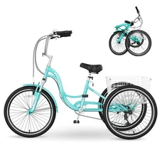 MOONCOOL Folding Tricycle 7 Speed 20/24/26 In Adult Tricycles Bike Cruiser Trike