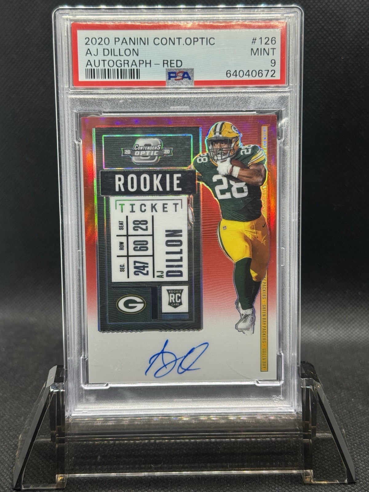 2020 Panini Contenders Optic Rookie Ticket Auto AJ Dillon Red /199, PSA 9 view 1