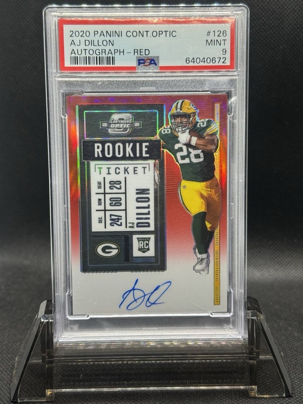 2020 Panini Contenders Optic Rookie Ticket Auto AJ Dillon Red /199, PSA 9