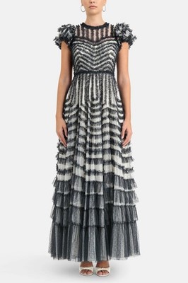 Needle & Thread Ruffle Gown Black and White Tulle Maxi Dress UK 10 NEW 